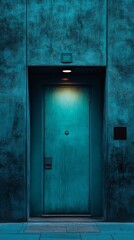 Closed teal turquoise door with light illuminating from above in urban setting