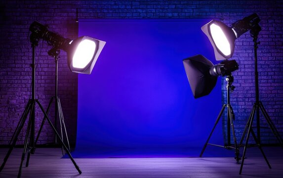 A modern photography studio setup featuring bright lights and a vibrant blue backdrop for creating striking images.