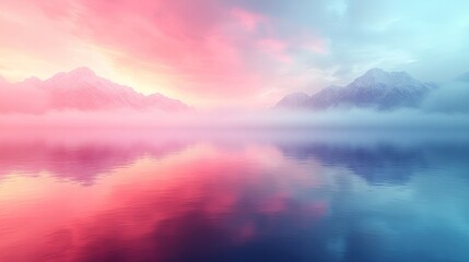 Fototapeta premium Dreamlike sunrise over misty mountains reflected in calm water.
