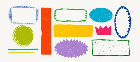 Simple shape stickers and frames with various patterns in rough rustic style. Hand drawn vintage badges, banners and other forms with textures and patterns. Hand-drawn infographic Vector collection
