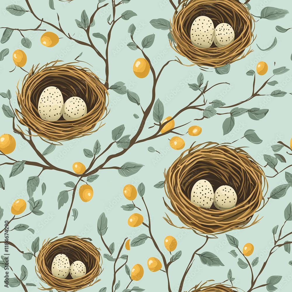 Poster nests with speckled eggs and citrus fruits on a light blue background create a whimsical pattern.