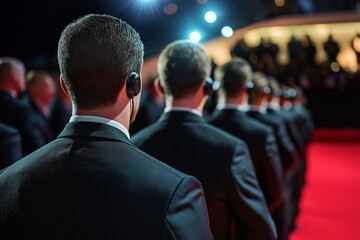 Fototapeta premium Group of bodyguards in dark suits, earpieces visible, stationed near the red carpet at a high-profile event.