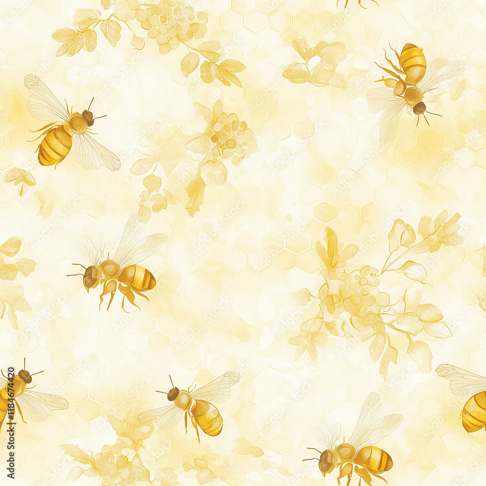 Poster bees and floral patterns in soft yellow tones create a whimsical, nature-inspired backdrop.