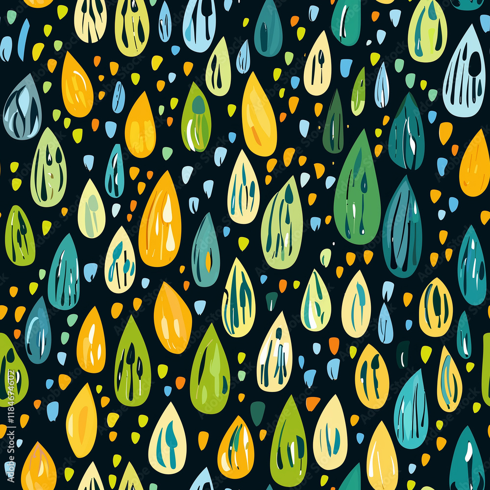 Poster colorful raindrop patterns on a dark background create a vibrant, playful design.