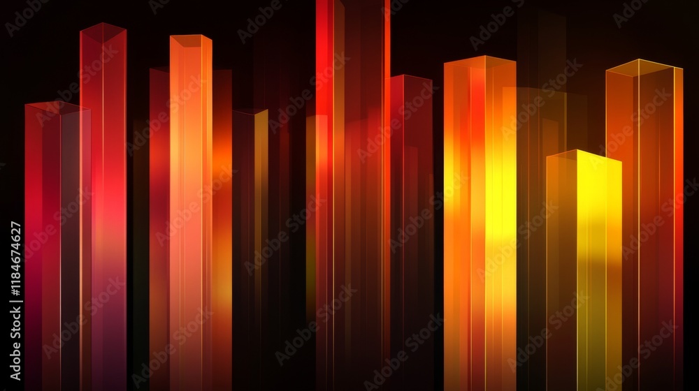 Aufkleber An abstract D financial bar graph with stylized bars of varying heights, set against a dark background with digital effects, representing innovative financial analysis.