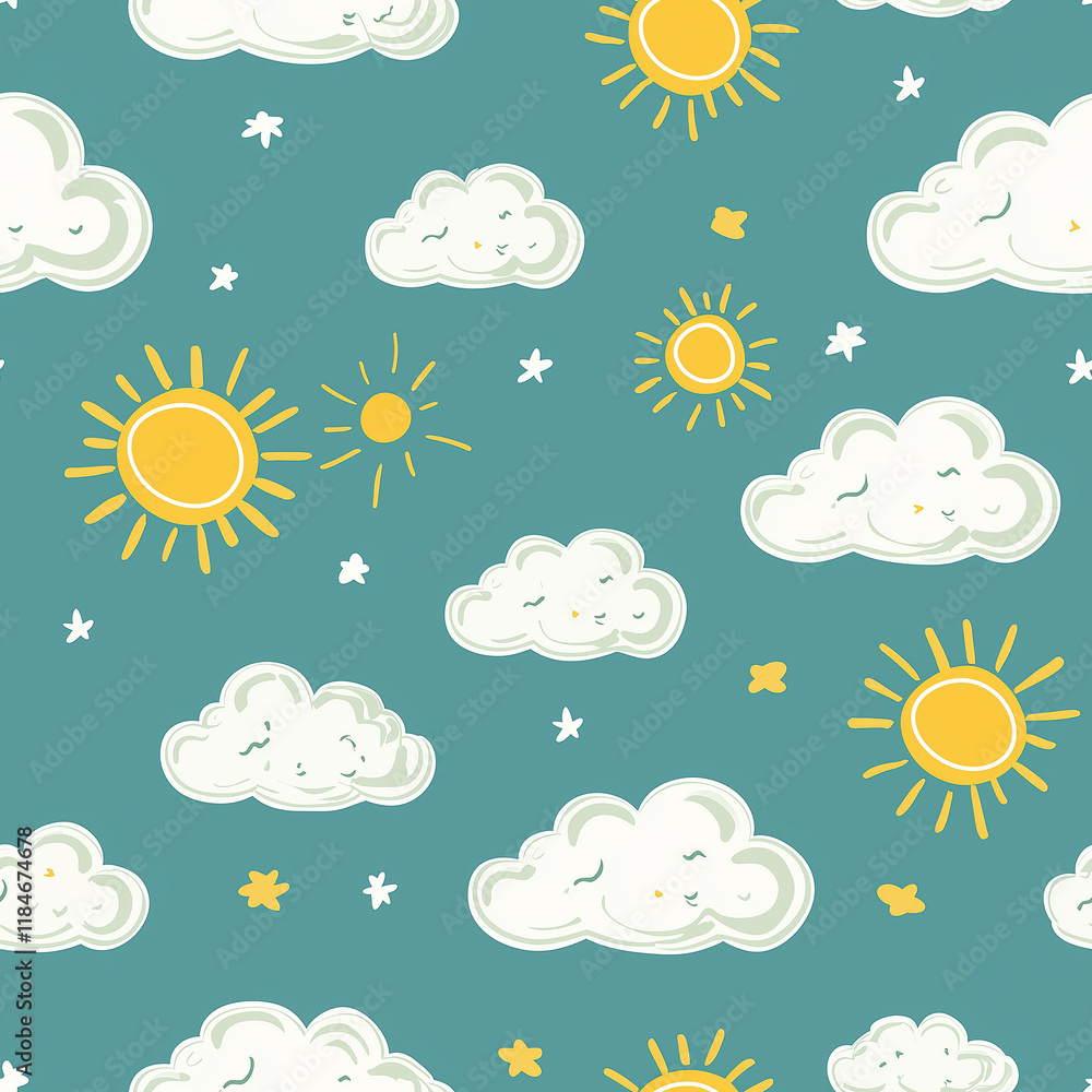 Aufkleber bright and cheerful pattern of suns and clouds on a teal background.