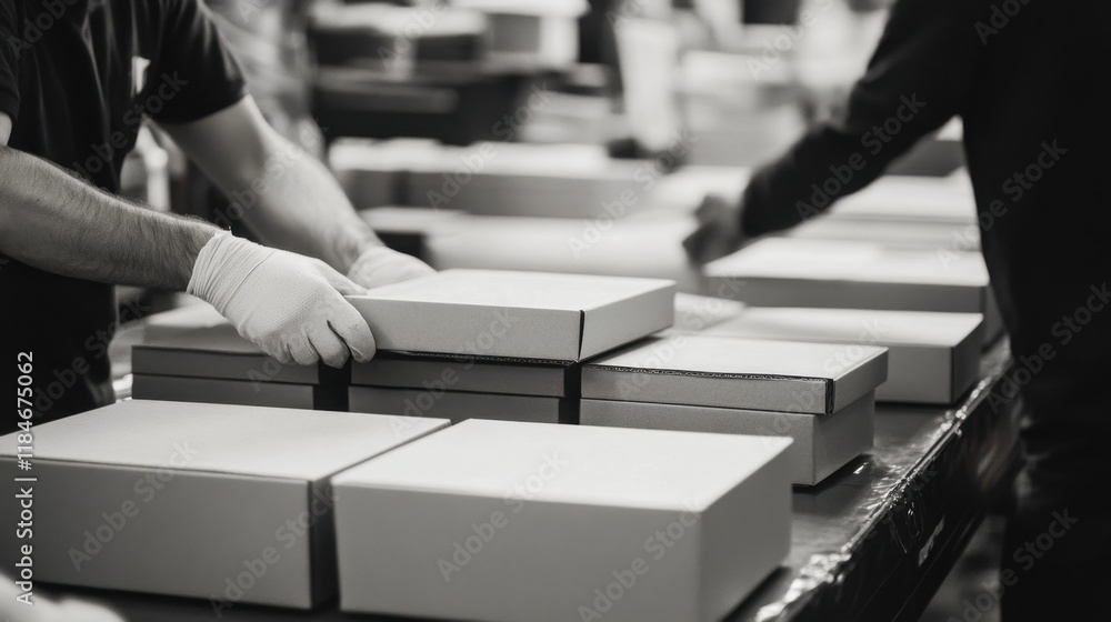 Poster workers placing freshly assembled items into packaging boxes in a systematic line.