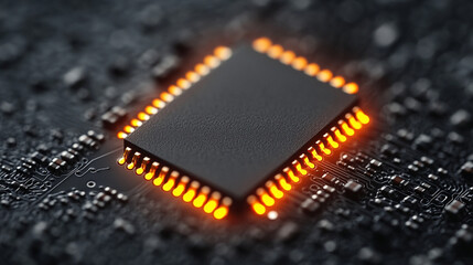 A lone glowing microchip on a blank white surface, representing the essence of innovation, with blurred space for text, highlighting a symbol of technology's transformative power.
