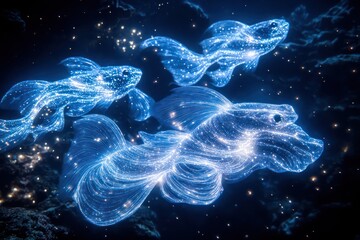 Twinkling fish shaped like swirling galaxies, their luminous trails creating magical underwater visuals.