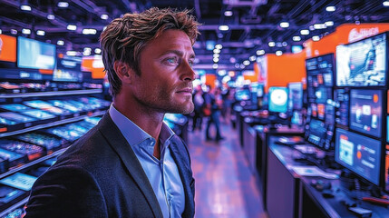 Fototapeta premium a man visiting a tech expo