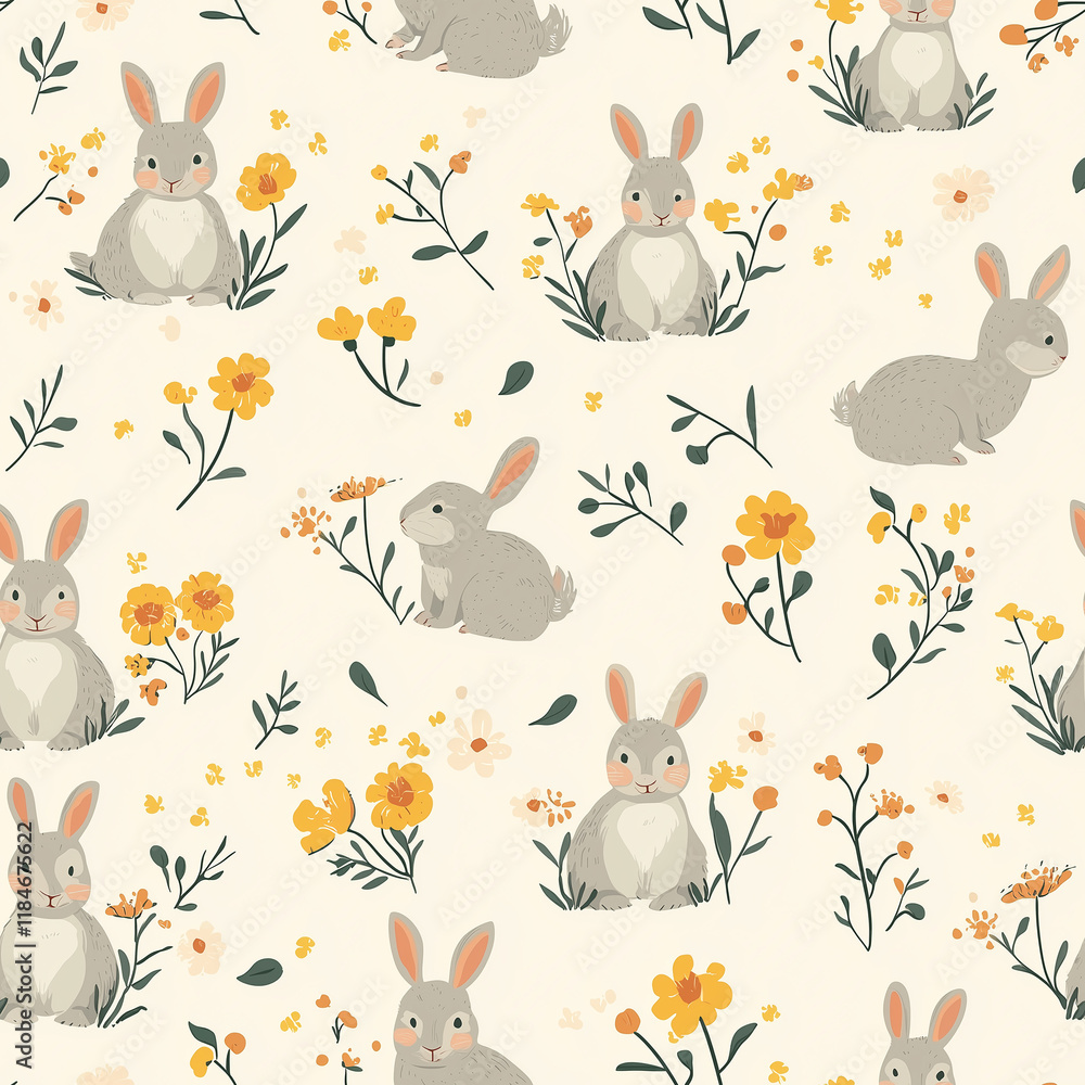 Poster spring seamless pattern of rabbits and flowers whimsical design for home decor light background play