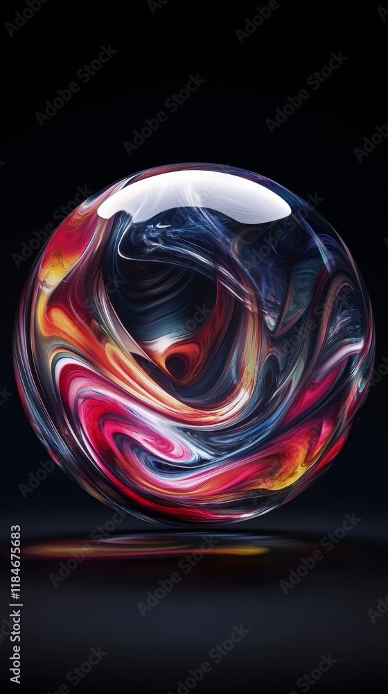 Poster colorful swirling paint contained in a transparent sphere creating a mesmerizing abstract design