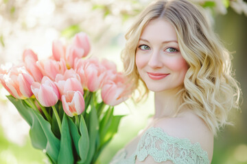 Fototapeta premium Smiling blonde woman holding pink tulips outdoors, surrounded by soft sunlight and blooming greenery