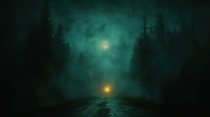 Eerie moonlit road in a foggy forest at night.