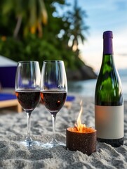 Romantic Beach Sunset: Close-up Photo of Two Wine Glasses and Bottle. AI Generated