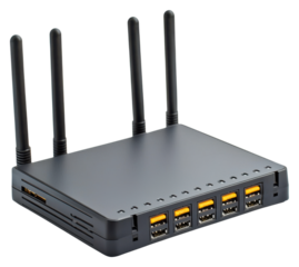 PNG A sleek black router with multiple antennas and Ethernet ports for efficient networking and connectivity.