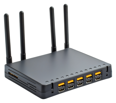 PNG A sleek black router with multiple antennas and Ethernet ports for efficient networking and connectivity. - Powered by Adobe