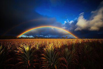 Fototapeta premium Majestic rainbow over pineapple field in Hawaii - wide shot