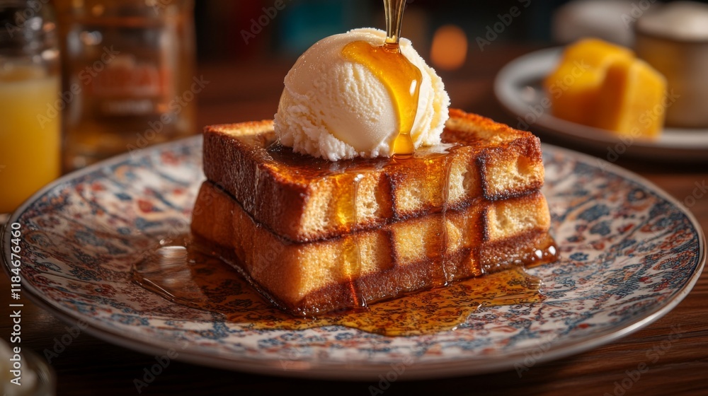 Poster an artistic arrangement of honey toast served on a patterned plate, with a scoop of ice cream meltin