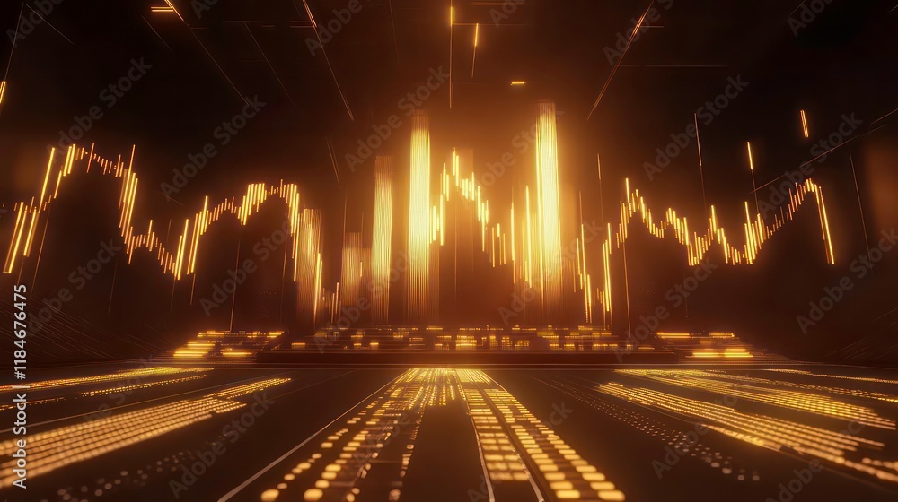 Poster abstract golden glowing stock market chart data visualization in 3d space.