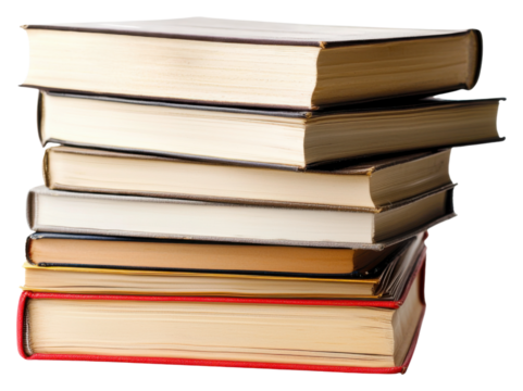 PNG A stack of six books with varied colors and sizes, showcasing their spines and pages.