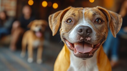 Happy dog smiling at camera with another dog blurred in background.