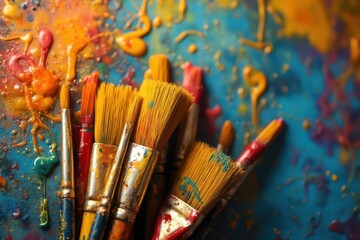 Fototapeta premium paint brushes and paint splatters on a colorful background