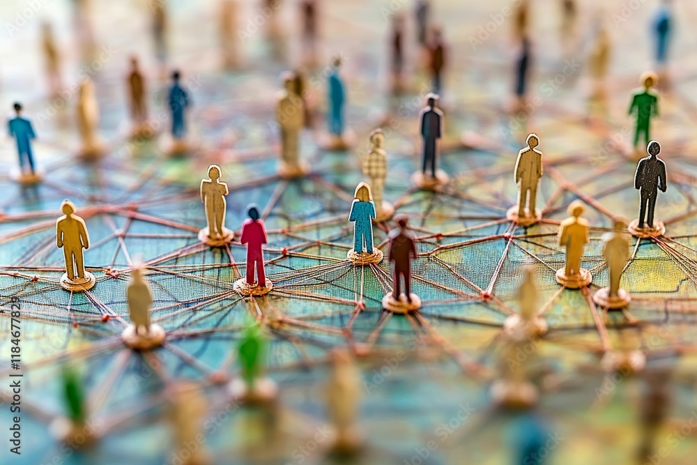 Poster interconnected figures form network on textured surface.