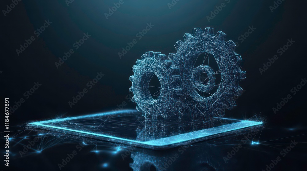 Poster interconnected gears on a digital tablet, representing technology and innovation.