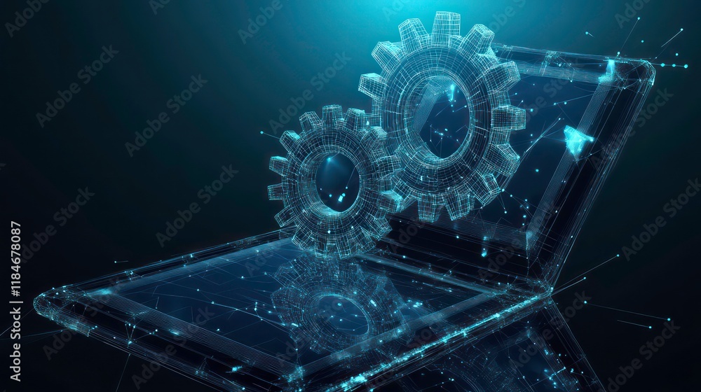 Poster abstract digital gears meshing above a laptop, representing technology, mechanics, and innovation.