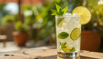 a close-up of a classic mojito cocktail in a tall glass.  crushed ice, fresh lime wedges, and mint leaves, with visible condensation on the glass. a vibrant summer ambiance