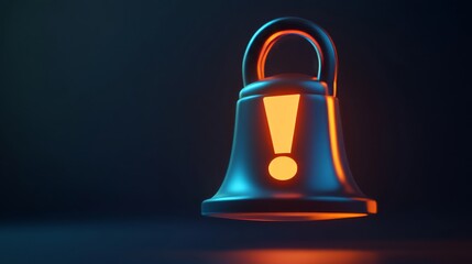 Glowing metallic notification bell signaling urgent message with bright exclamation mark