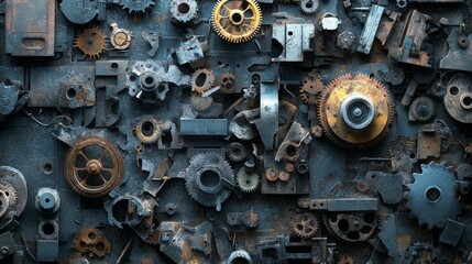 Rusty metal gears, parts collage, textured background.