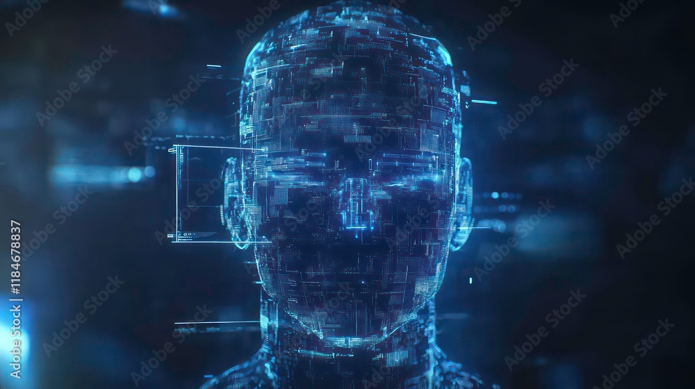 Poster digital human head with data overlay, futuristic technology concept.