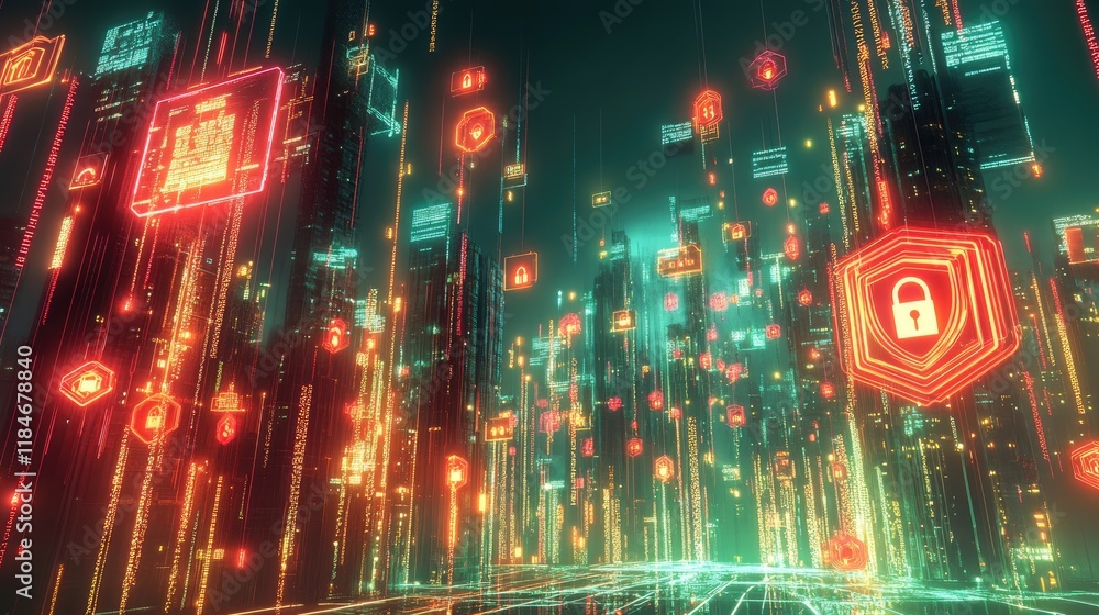 Poster cybersecurity landscape, a vibrant digital scene showcasing glowing locks and shields in a futuristi