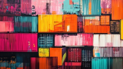 Fototapeta premium Abstract composition of shipping containers with vibrant graffiti, urban art elements blending with industrial setting