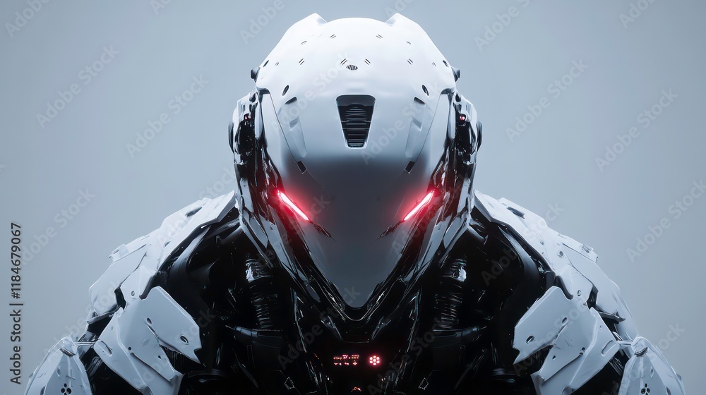 Poster Close-up of a futuristic white robot helmet with red lights.