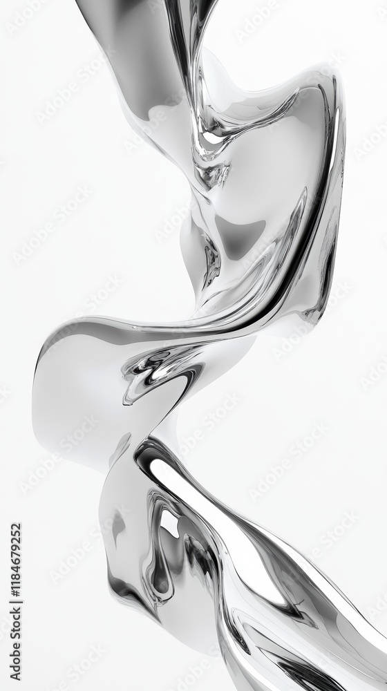 Poster abstract silver liquid metal swirling and flowing on white background, creating a dynamic and elegan