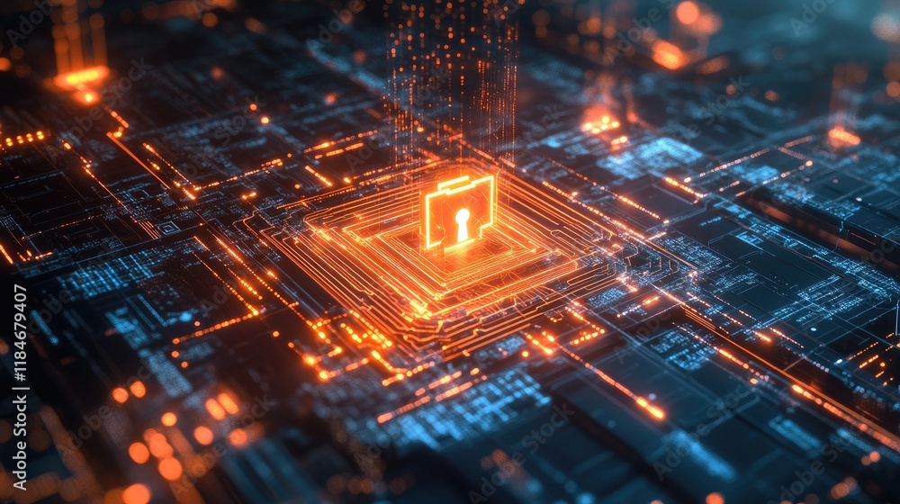 Poster cybersecurity shield, a luminous lock encircled by a digital barrier, intricate circuits and binary 