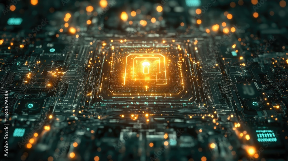 Poster cybersecurity shield, a luminous lock encircled by a digital barrier, intricate circuits and binary 
