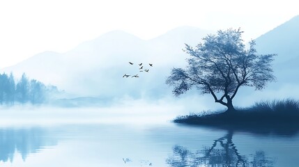 Serene Landscape With Solitary Tree And Birds In Flight