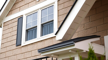 Close-up view of a light beige brick house exterior featuring a double-hung window with white trim and a black shutter.  A section of the roofline and a portion of an overhanging eave are also visible