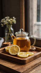 Herbal Tea with Lemon and Honey on a Wooden Tray