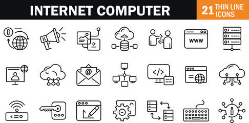 "Comprehensive Internet Computer Icons Representing Online Connectivity, Networking, and Digital Technology"