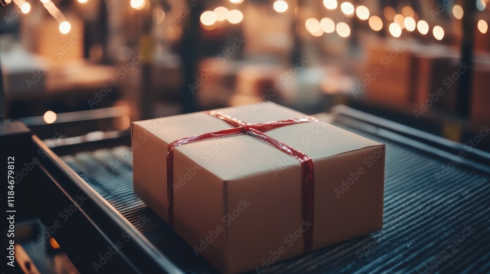 Aufkleber cardboard box with red string tied around it moving on a conveyor belt in a distribution warehouse, 