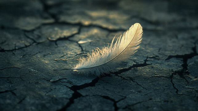 A single bird feather rests delicately on cracked stone, representing fragility amidst strength with blurred empty space on the side evoking a sense of chaos and contrast

