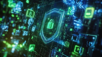 Digital shield design, featuring translucent materials and cybersecurity symbols, glowing in blue and green against a dark grid backdrop