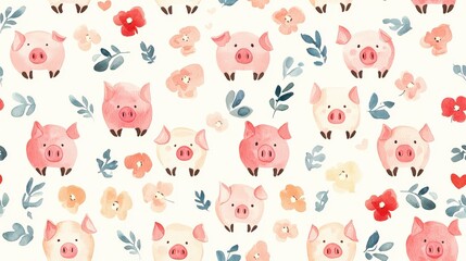Cute piglets and flowers watercolor pattern