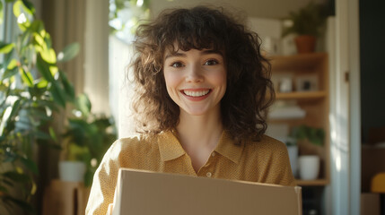 With wide eyes and a beaming smile, a young woman pulls out her much-anticipated purchase from a delivery box, surrounded by a chic and tidy home interior.