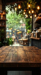 A cozy cafe scene with a wooden table, surrounded by greenery and warm lighting.